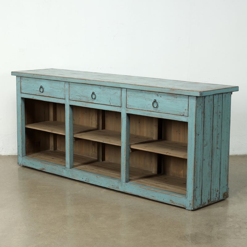 Approx. 91 Inches Wide Counter Table with Three Drawers Distressed Blue
