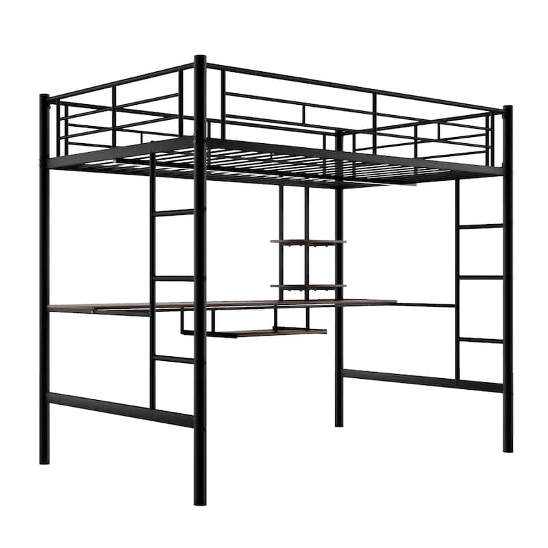 Full Size Metal Loft Bed with Desk and Shelf , Space Saving Design for Kids, Bedroom