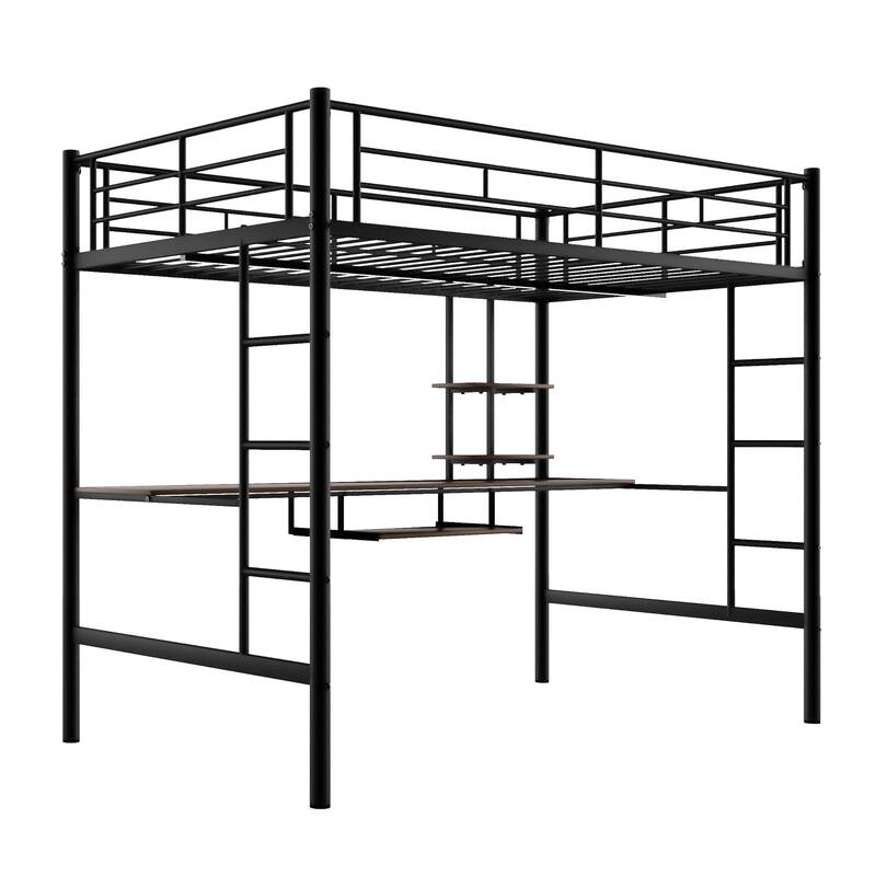 Stylish Loft Bed with Desk & Shelves, Space Saving Sturdy Metal Loft Bed Frame with Safety Guardrails & Ladders