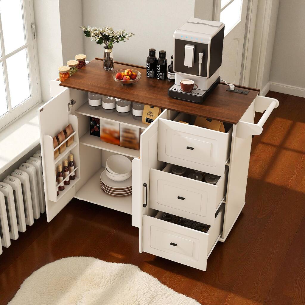 53.5" Rolling Kitchen Island Cart with Drop Leaf, Storage Cabinets, 3 Drawers, Spice Rack & Towel Bar
