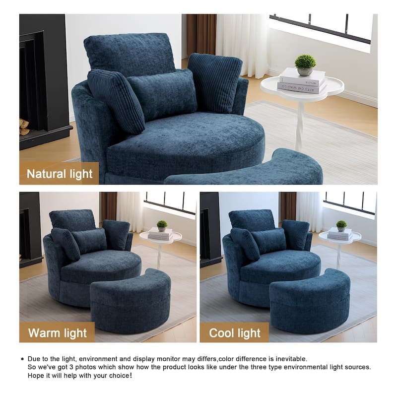 Upholstered Swivel Accent Chair with Wooden Tray Storage Ottoman