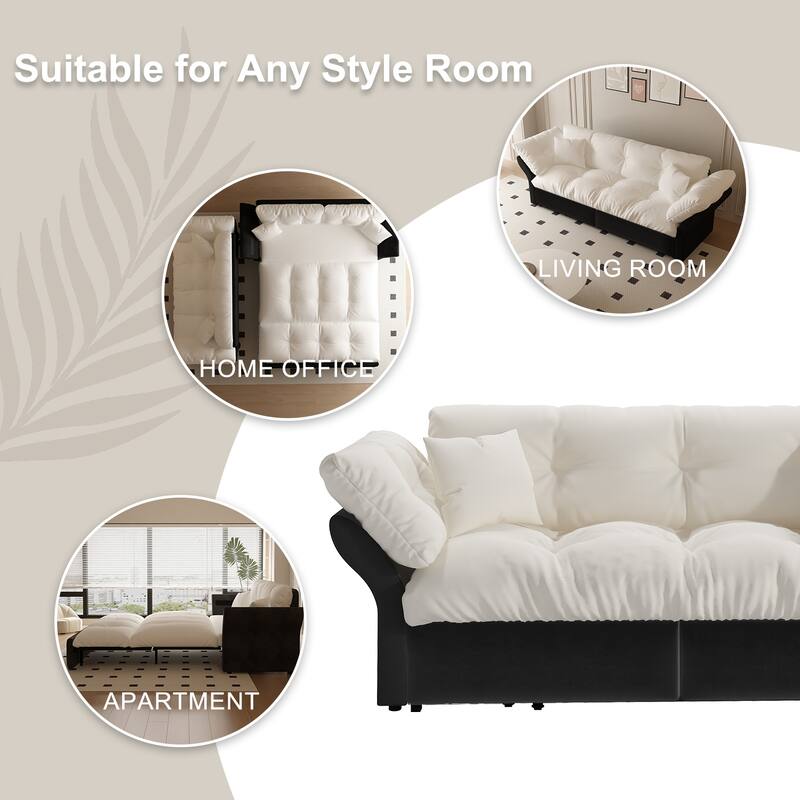 74.8" Convertible Sofa Bed with 2 Pillows, Velvet Loveseat Sleeper Couch, 2 Seater Upholstered Folding Sofa Bed with Flared Arms