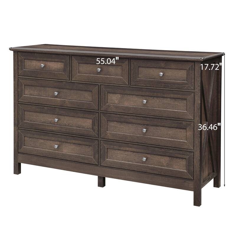 Rustic Wooden Storage Dresser with 9 Drawers, 55" Long Dressers & Chest of Drawers Beside Table for Bedroom Living Room