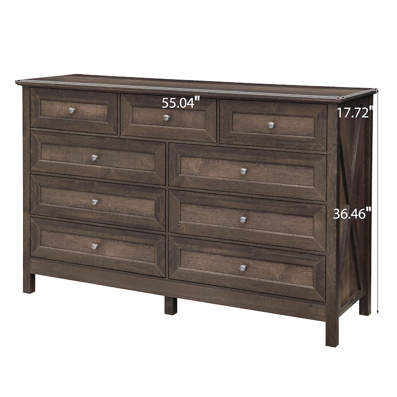 Wood Rustic Storage Dresser With 9 Drawers And Silver Handle