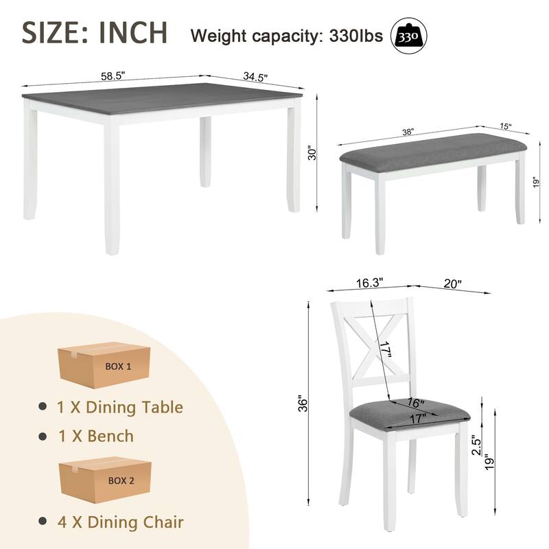 6 Pcs Wooden Dining Table Set, Kitchen Table Set for 6, Large Dining Table with 4 Upholstered Chairs and 1 Long Bench