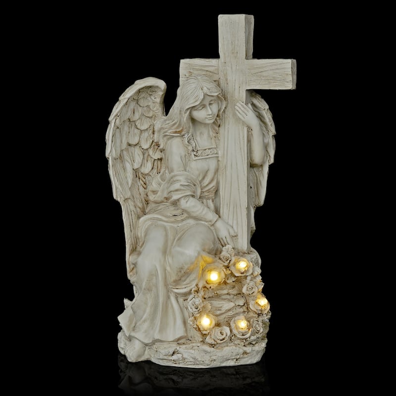 Solar Angel Holding Cross Statue with LED Lights