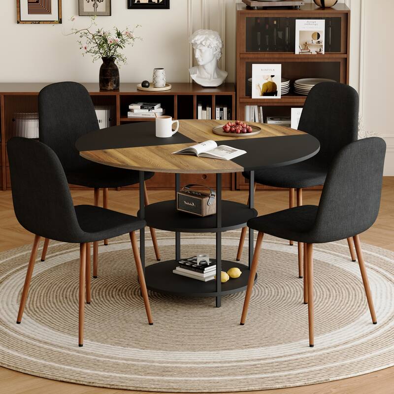 5-piece Natural and Black Spliced Round Dining Table Set with Double-Layer Storage Shelf, Anti-Slip Feet