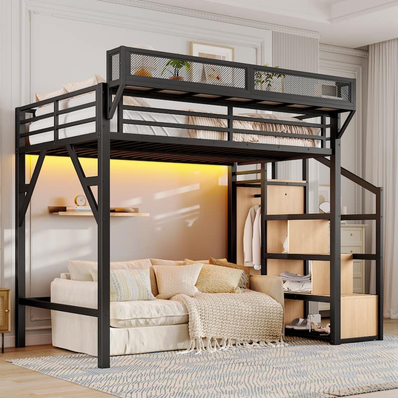Twin XL Loft Bed Storage Stairs Wardrobe USB LED Metal Frame Noise reduced Natural Wood