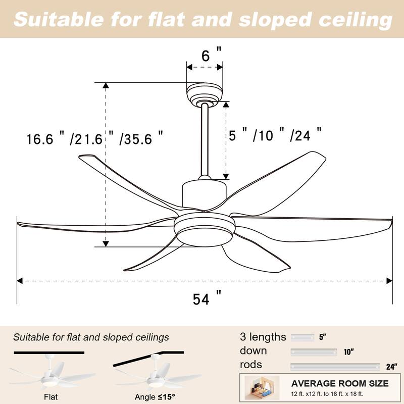 54-inch Indoor Modern Ceiling Fan with Light and Remote, LED Dimmable, 6 ABS Blades