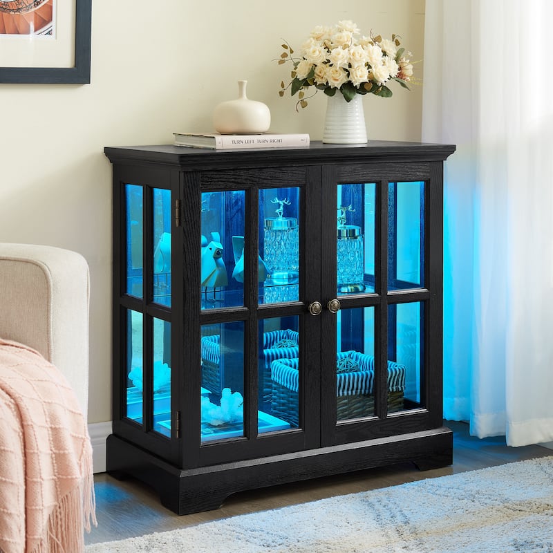 LED Curio Display Cabinet,Antique Display Cabinet with Shelves,Showcase with Lattice Doors Elegant Bookcase and Storage Cabinet - Black