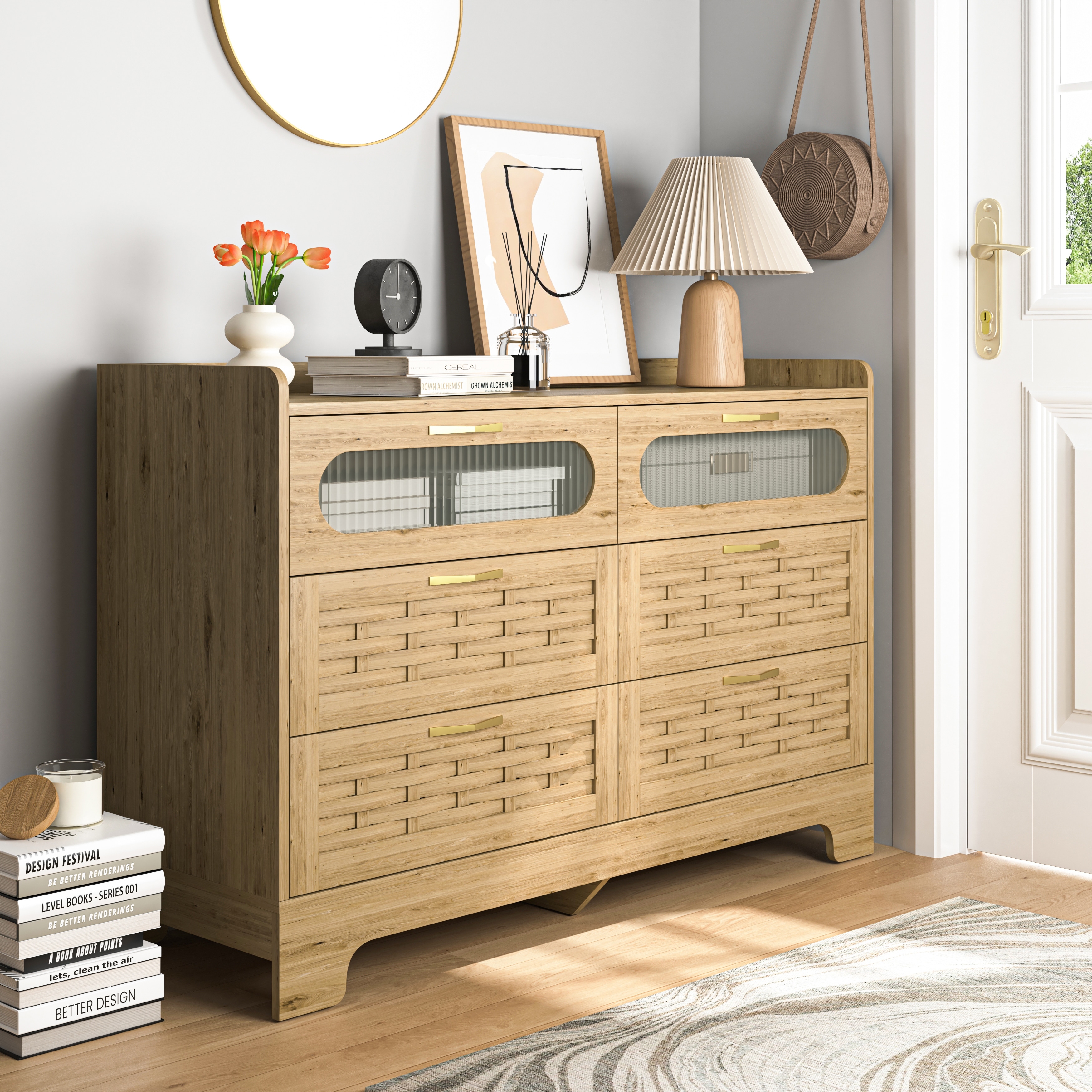Mid-Modern Double 6-Drawer Dresser for Bedroom, Chest Of Drawers Cabinet，Wide Dresser Organizer Console Table