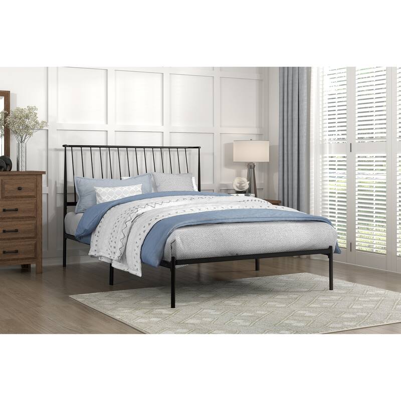 Queen Size Metal Platform Bed with Angled Headboard and Farmhouse Style