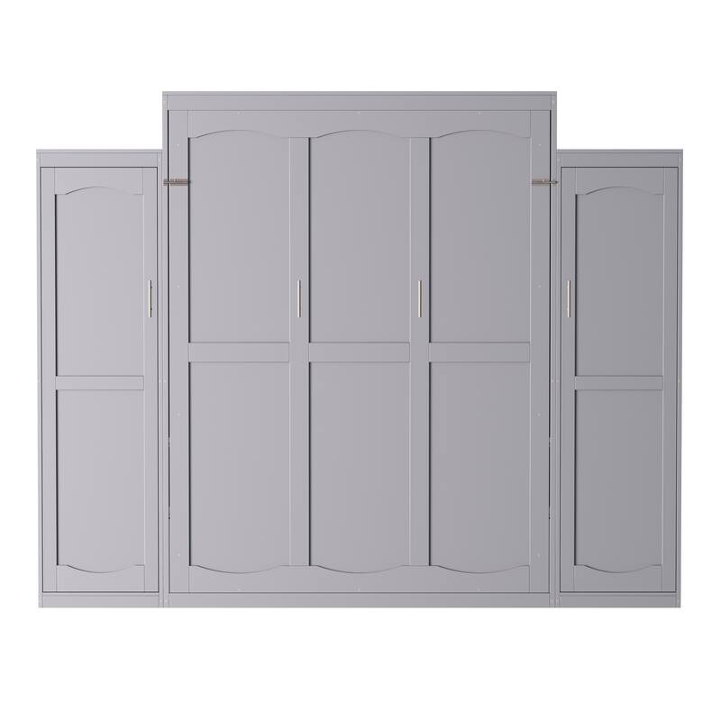 Queen Size Murphy Bed, Wooden Queen Wall Bed with 2 Wardrobe and Storage Shelf, Multifunctional Foldable Platform Bedframe