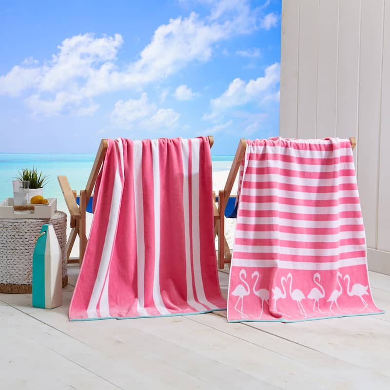 Linery & Co. 100% Cotton Jacquard 2 Pack Summer Beach Towels - 2 Pack- 30" x 60" - Pink Flamingo & Stripe