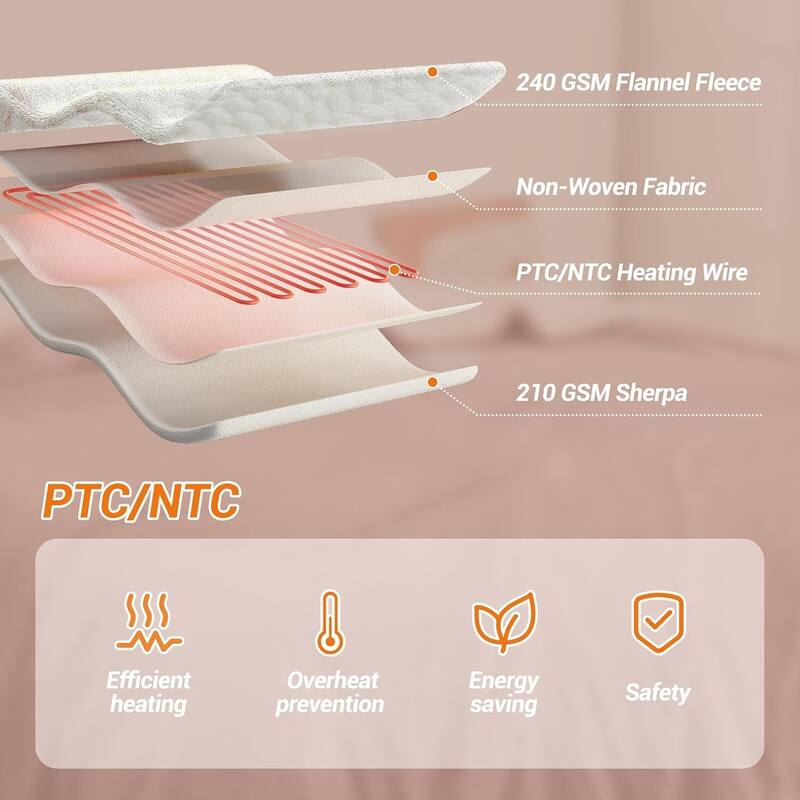 6 Heating Levels Cozy Soft Electric Heated Blanket Throw, Beige