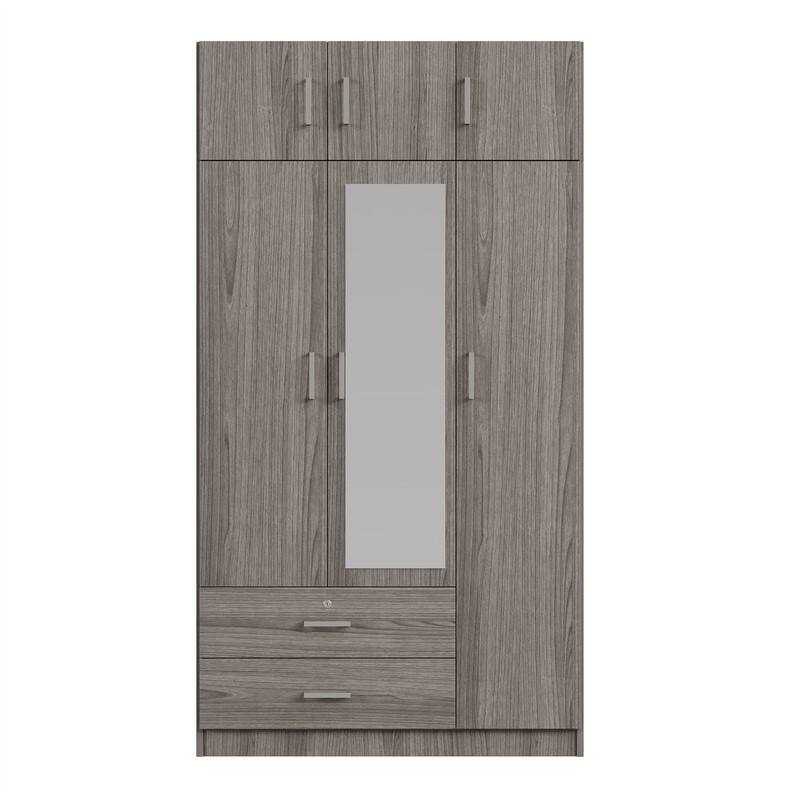 3 Door Wardrobe Closet with Mirror & Top Cabinet, Bedroom Armoire w/ 2 Drawers & Shelves, Modern Storage Cabinet w/ Hanging Rod