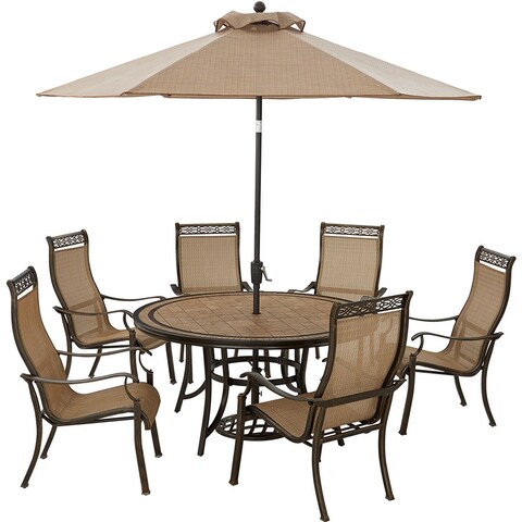 Hanover Monaco 7-Piece Outdoor Dining Set with 6 Sling Dining Chairs, 60-in. Tile-Top Table, and 9-ft. Umbrella