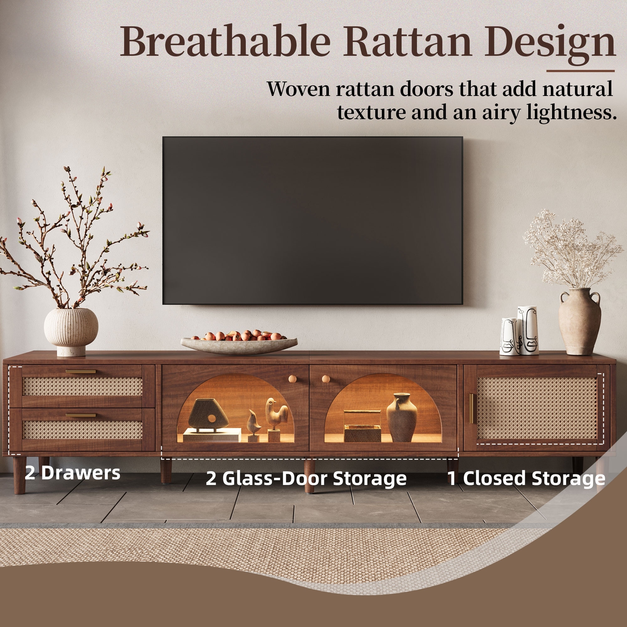 Mid-Century Modern LED TV Stand for TVs up to 90", Rattan Media Console Entertainment Center with App Controlled LED Lights