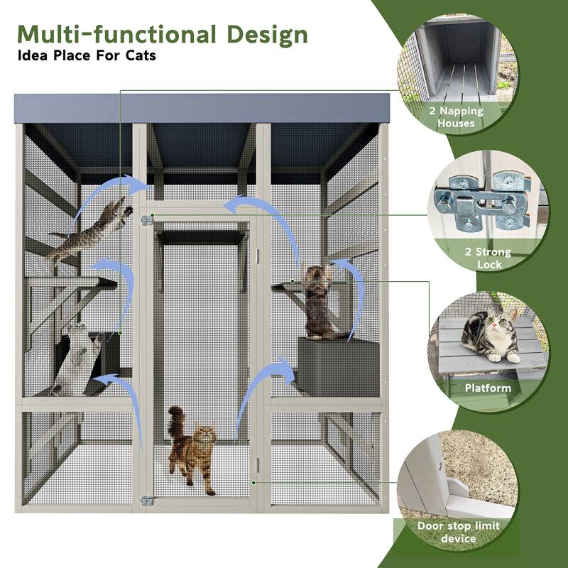 Outdoor Wooden Catio for Cats, Large Cat Shelter Enclosure, Secure Pet Cage with Waterproof Roof, 2 Cat Houses & Platforms
