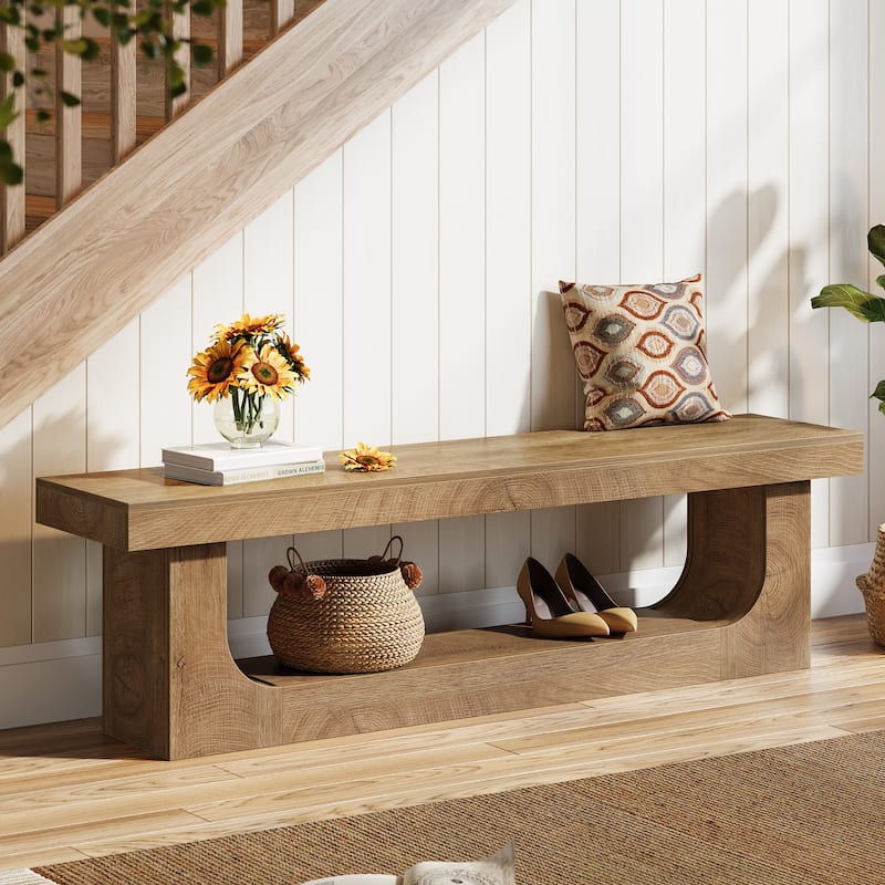 63 Inch Long Shoe Bench Entryway With Storage, Wooden End of Bed Bench - 13.8" D x 63" W x 17.72" H