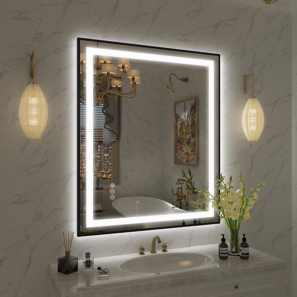 KIOTEE Black Metal Frame Front & Back LED Lighted Anti-Fog Tempered Glass Bathroom Vanity Mirror with ETL and 3 Years Warranty