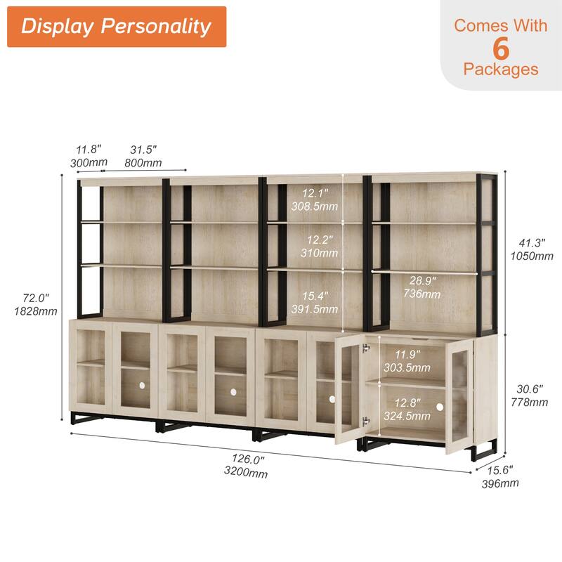 4 PCS Modern 72" Sideboard with Glass Doors and Adjustable Shelves, Multifunctional Buffet for Dining Room or Kitchen