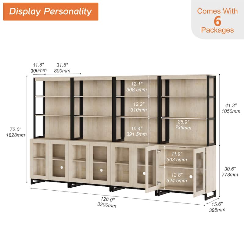 4 PCS Modern 72" Tall Bookcases with Glass Doors and Adjustable Shelves for Home Office, Living room.