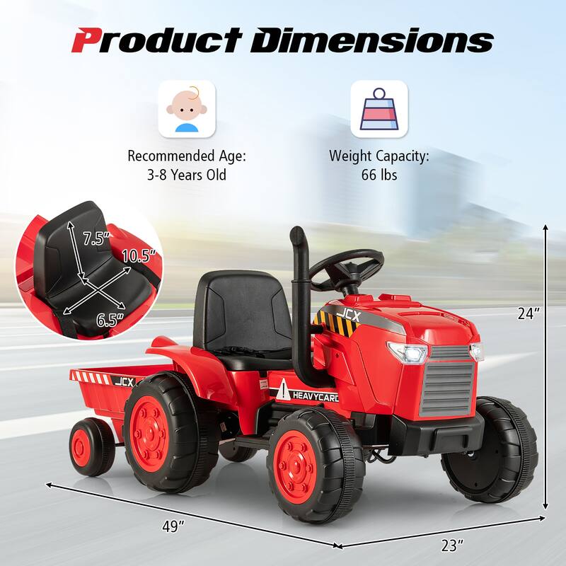 Gymax 2-in-1 Electric Toy Car 12V Kids Ride On Tractor w/ Trailer