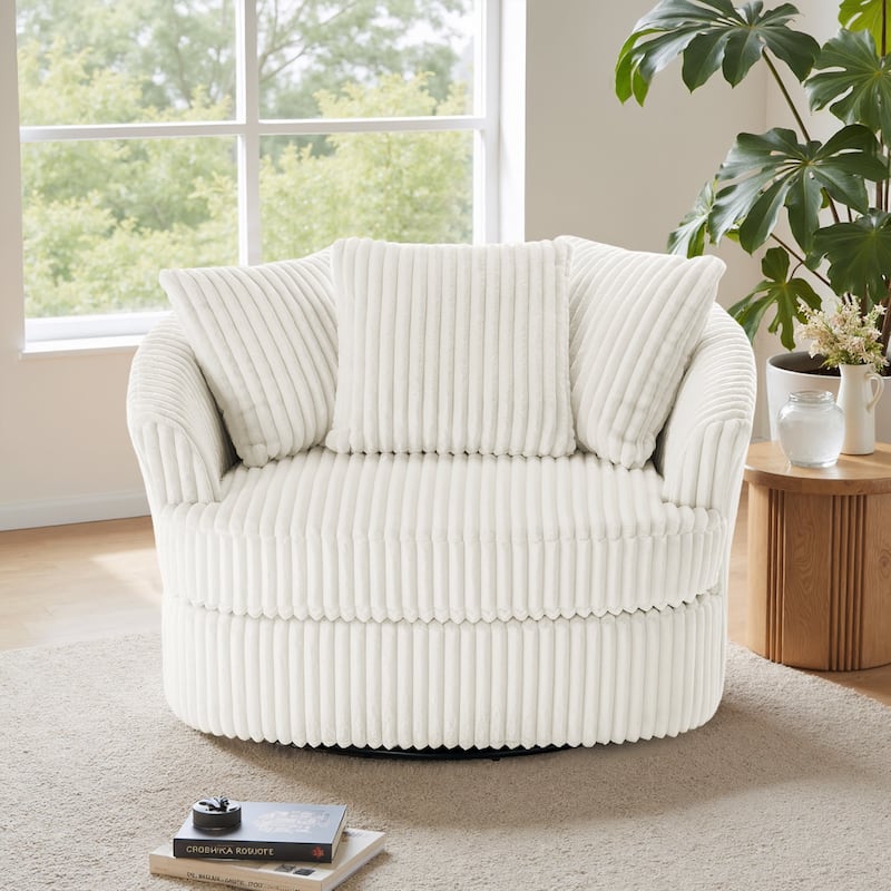 Oversized 43" W Plush Corduroy Recessed Arm Swivel Barrel Chair