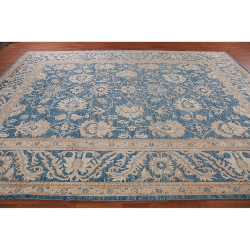Hand Knotted Oriental 100% Wool Carpet Transitional All-Over Navy Blue & Blues Oushak Area Rug - 13' 11'' X 10' 1''