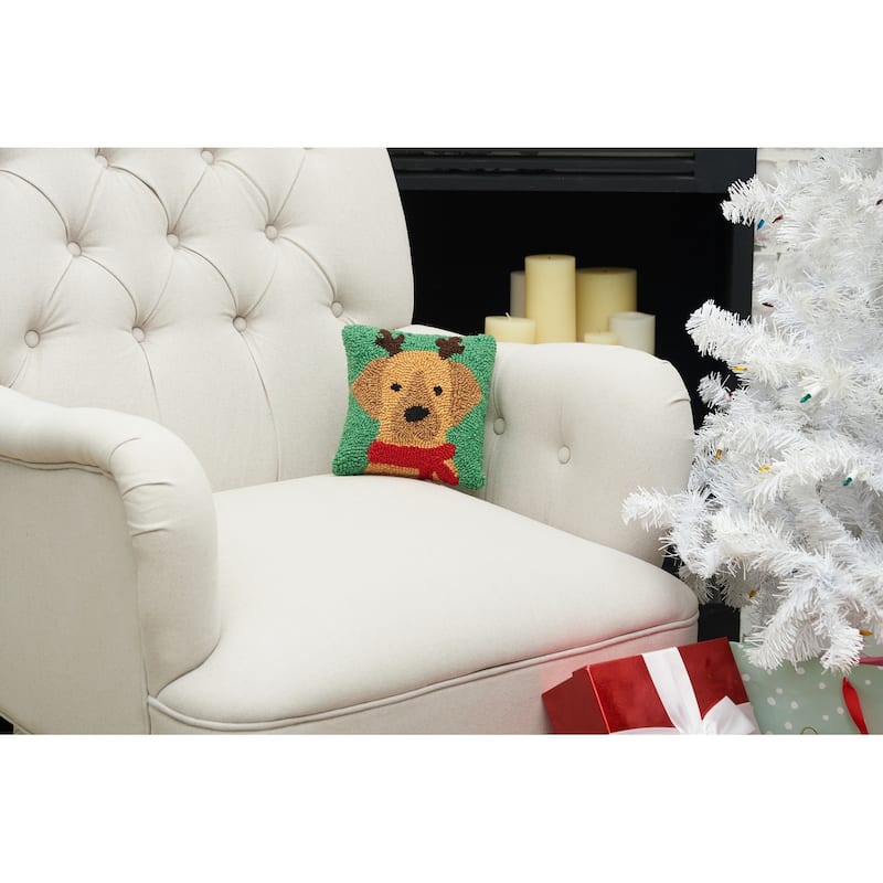 8" x 8" Christmas Golden Brown Puppy Dog with Reindeer Antlers on Green Background Petite Accent Hooked Throw Pillow