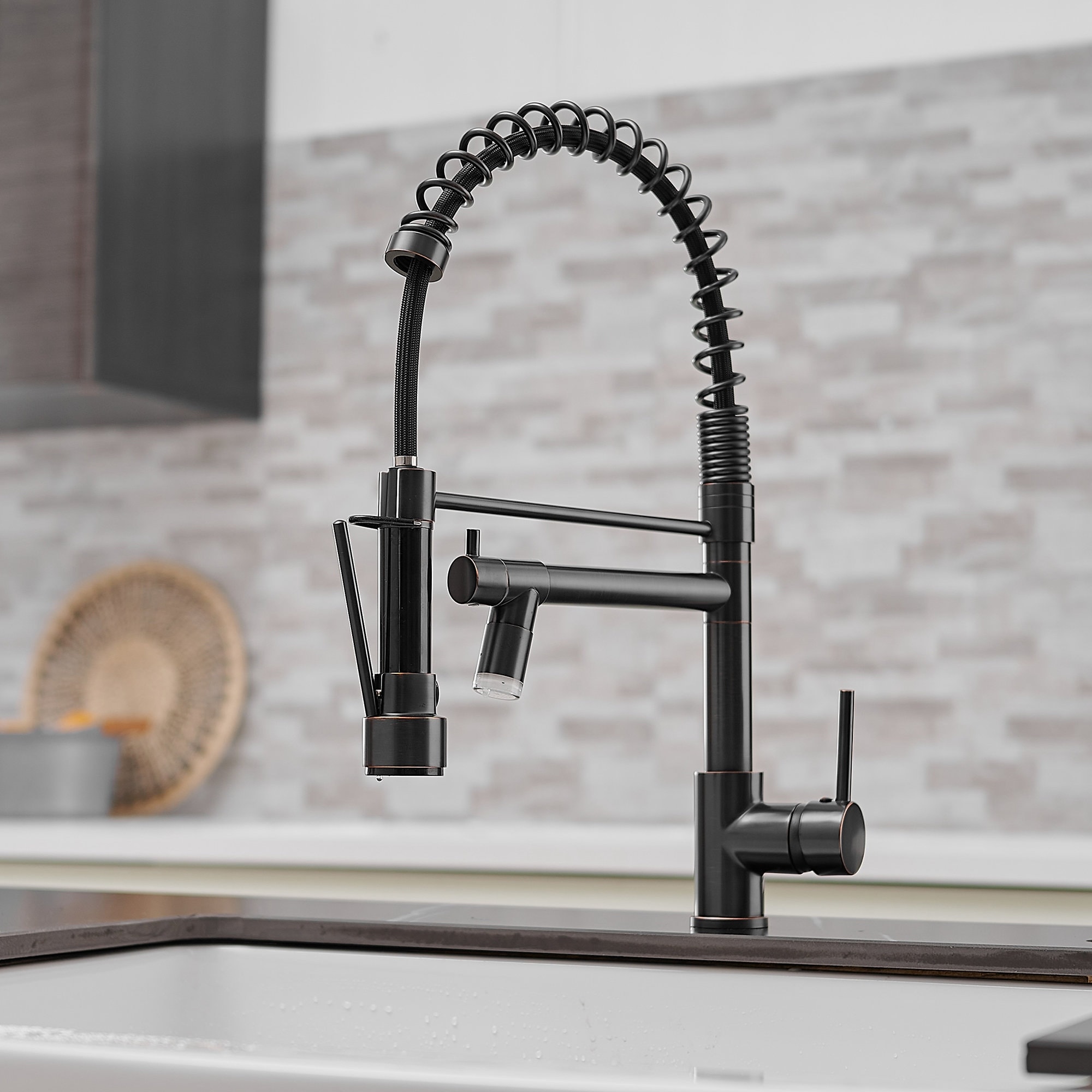 Single-Handle Double-Spout Oil Rubbed Bronze Pull Down LED Kitchen Faucet