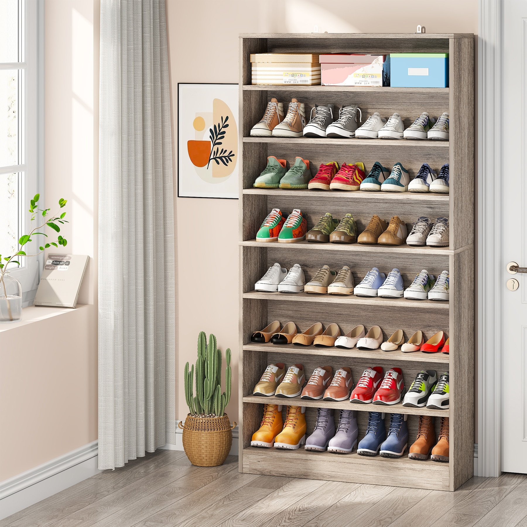 Shoe Cabinet 9 Tiers Tall Shoes Storage Rack Cabinets Wood Shoe Stand with Open Shelf for Entryway