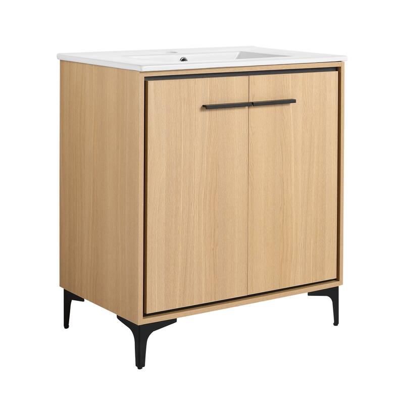 GDFStudio - Denton Modern Freestanding Bathroom Vanity Cabinet with Ceramic Sink, Soft Close Doors & Metal Tripod - 30"