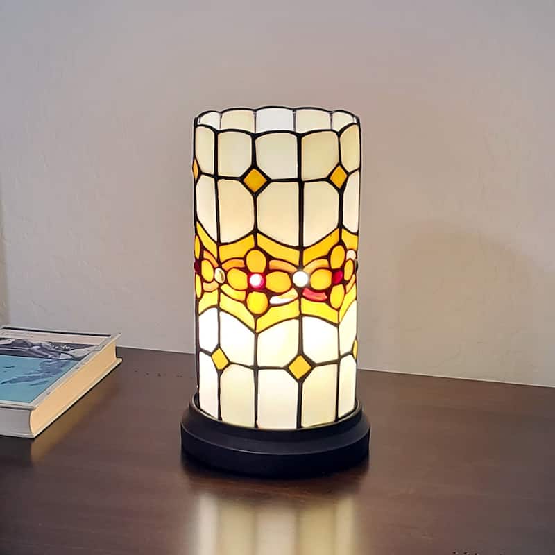 Tiffany Style Accent Lamp 10" Tall Stained Glass White Floral Nightstand Bedside Bedroom Gift AM088ACCB Amora Lighting