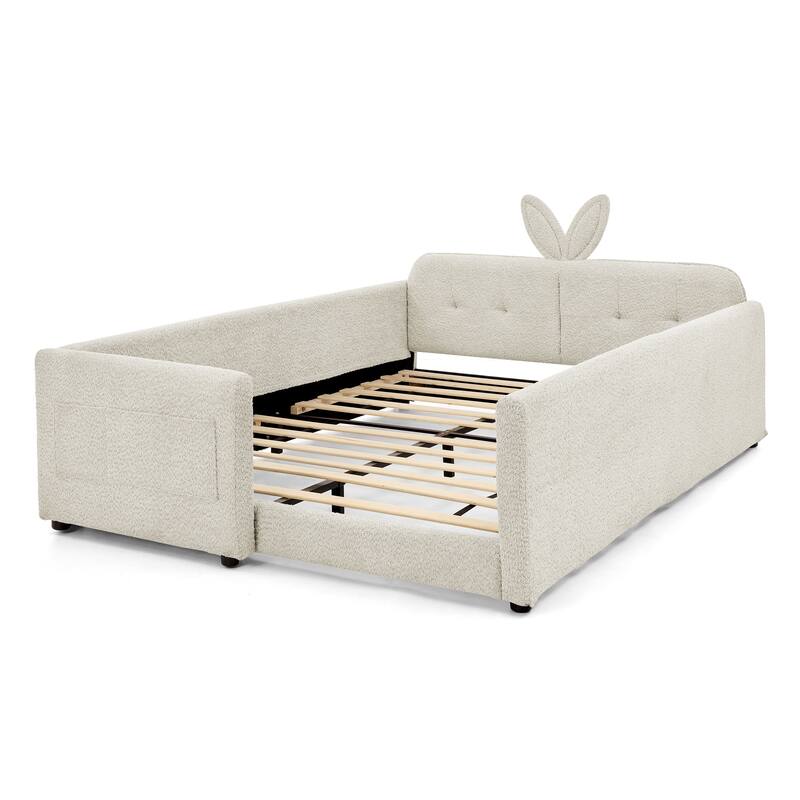 Full Size Upholstered Platform Bed with Bunny Ear Headboard, Safety Rail & Pocket