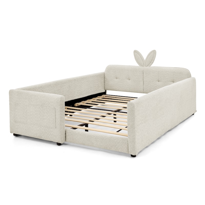 Upholstered Platform Bed with Safety Rail Pocket and RabbitEar Platform Bed w/Skin-friendly Boucle Wood Slat Support Bed Frame
