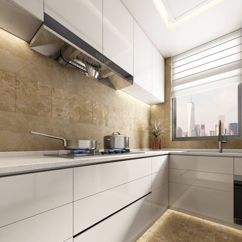 Roomfitters Gold Yellow Beige Natural Marble Tile, Polished Stone for Floor & Wall, Genuine Marble, 4-Piece Box