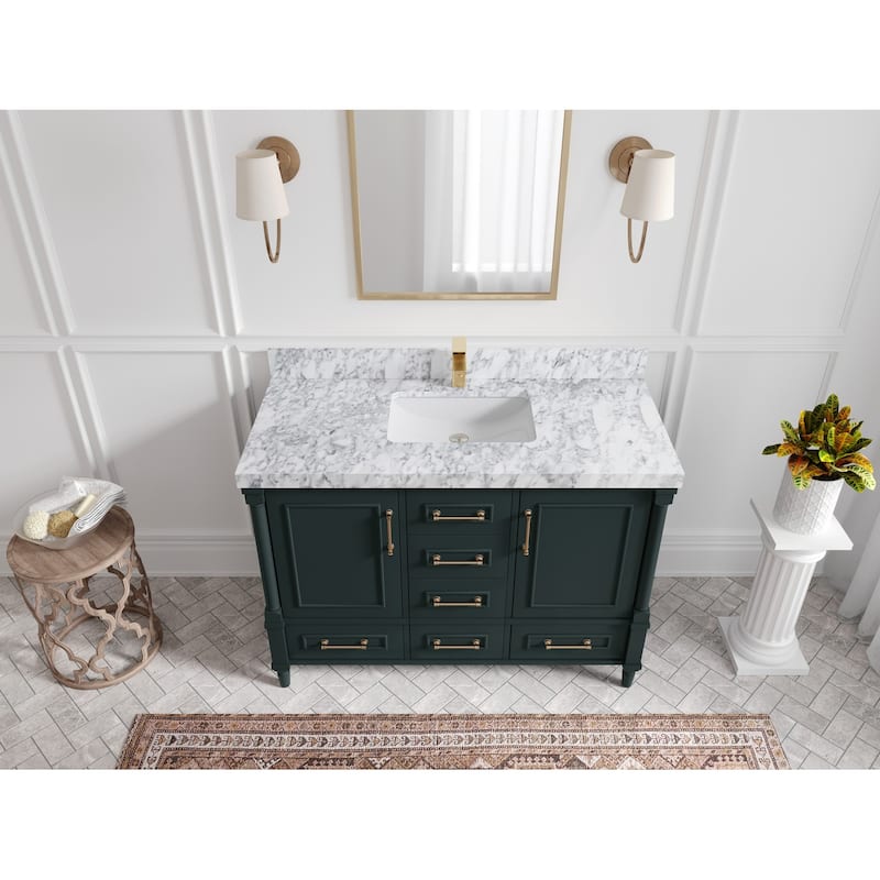 Willow Collections 48 in. W x 22 in. D Aberdeen Single Bowl Sink Bathroom Vanity with Countertop - 2" Carrara Marble - Dark Forest Green