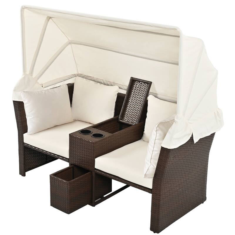 Convertible Outdoor Patio Daybed Loveseat Sofa Set with Retractable Canopy and Central Console