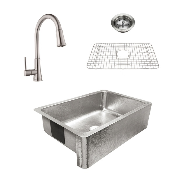 Percy Apron-Front Brushed Stainless Steel 32 in. Single Bowl Kitchen Sink with Pfister Pfirst Faucet All-in-One Kit. Opens flyout.