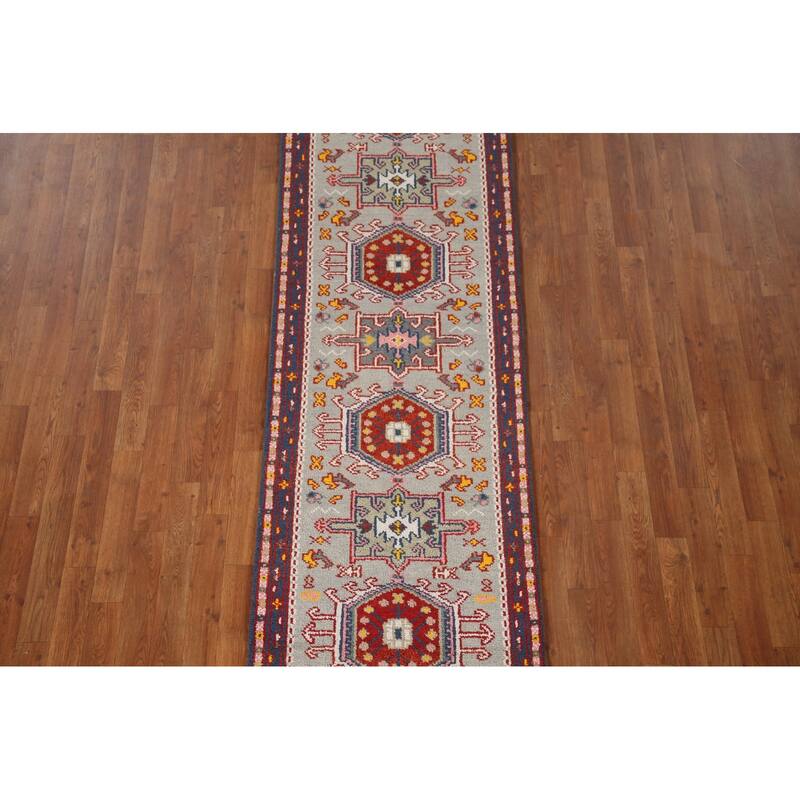 Geometric Green Kazak Indian Runner Rug Hand-knotted Wool Carpet - 2'6"x 9'11"