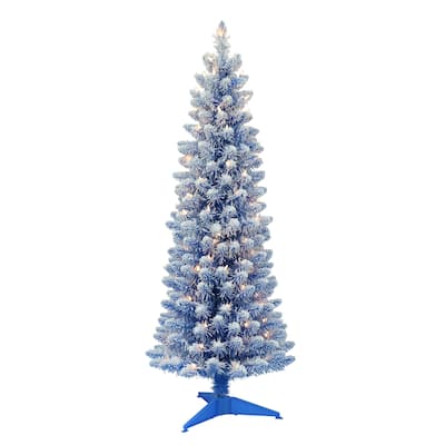 Puleo International Pre-Lit 4.5' Flocked Fashion Blue Pencil Artificial Christmas Tree with 100 Lights, Blue