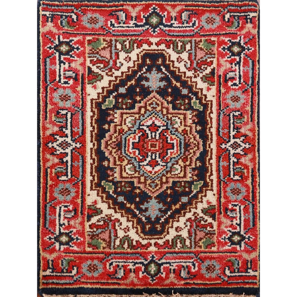 Hand Knotted Oriental 100% Wool Carpet Traditional Medallion Navy Blue & Blues Heriz (serapi) Area Rug - 3' 0'' X 2' 0''