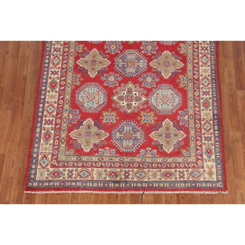 Red Geometric Kazak Area Rug Bedroom Hand-Knotted Wool Carpet - 4'8" x 7'2"