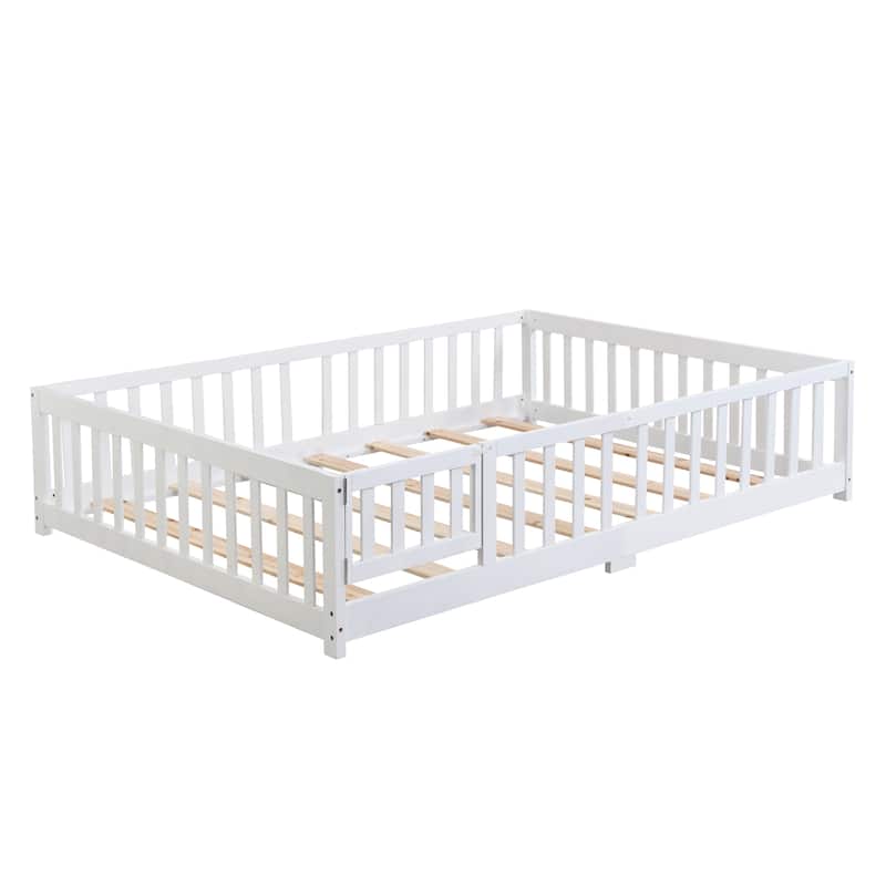 Full Size Floor Bed with Door, Solid Wood Platform Bed Frame with Fence, Suitable for Children, Pine Wood
