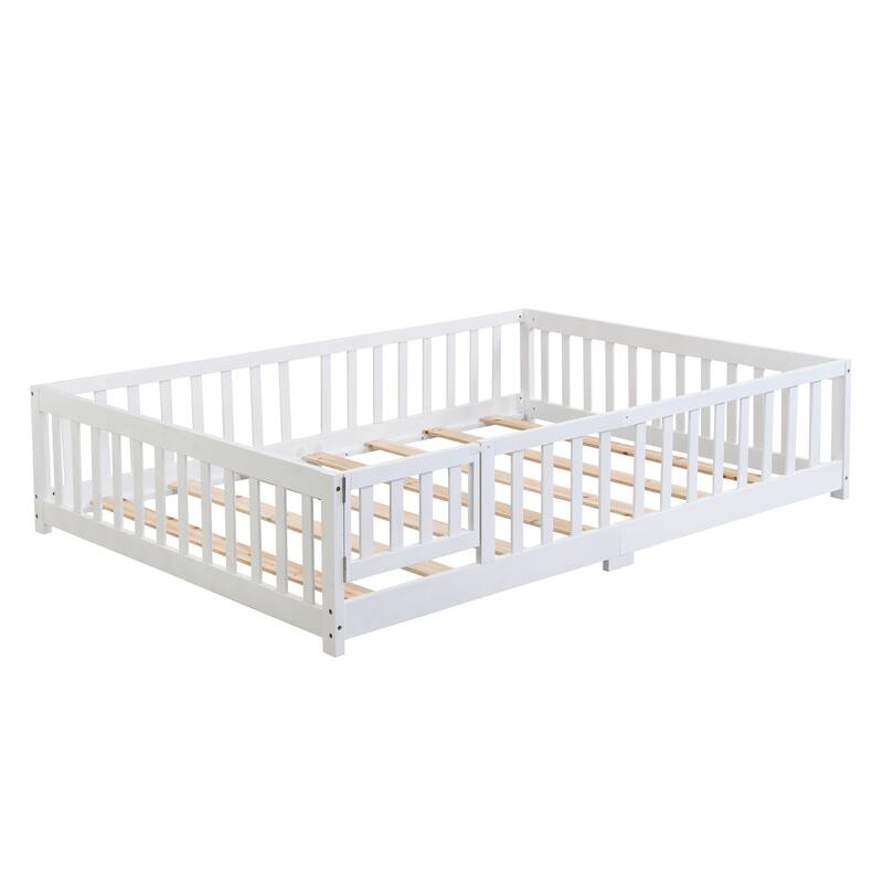 Twin Size Floor Bed with Safety Door, Solid Wood Platform Bed Frame with Fence, Ideal for Kids, Pine Wood, White