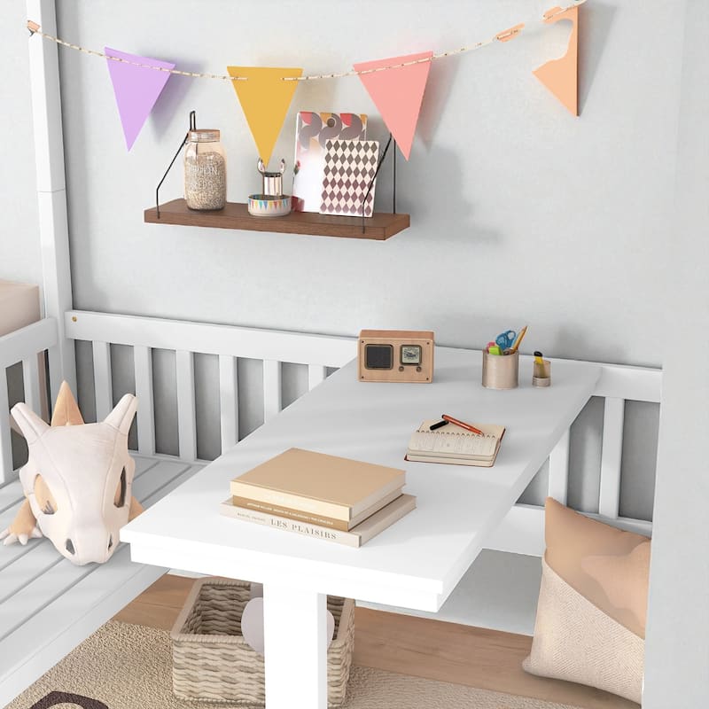 Twin Over Twin Bunk Bed with Convertible Desk, Wood Loft Frame with Fence Headboard, No Box Spring Needed