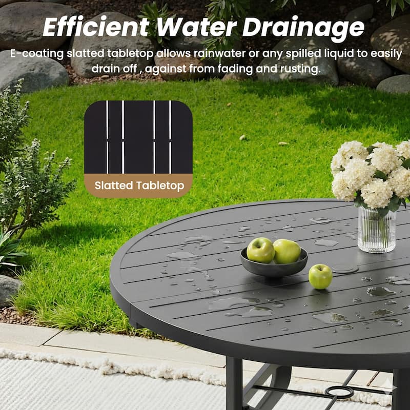 Round Outdoor Patio Dining Table, 47" Round Patio Table Wood-Like Grain with 1.57" Umbrella Hole, Metal Outdoor Dining Tables
