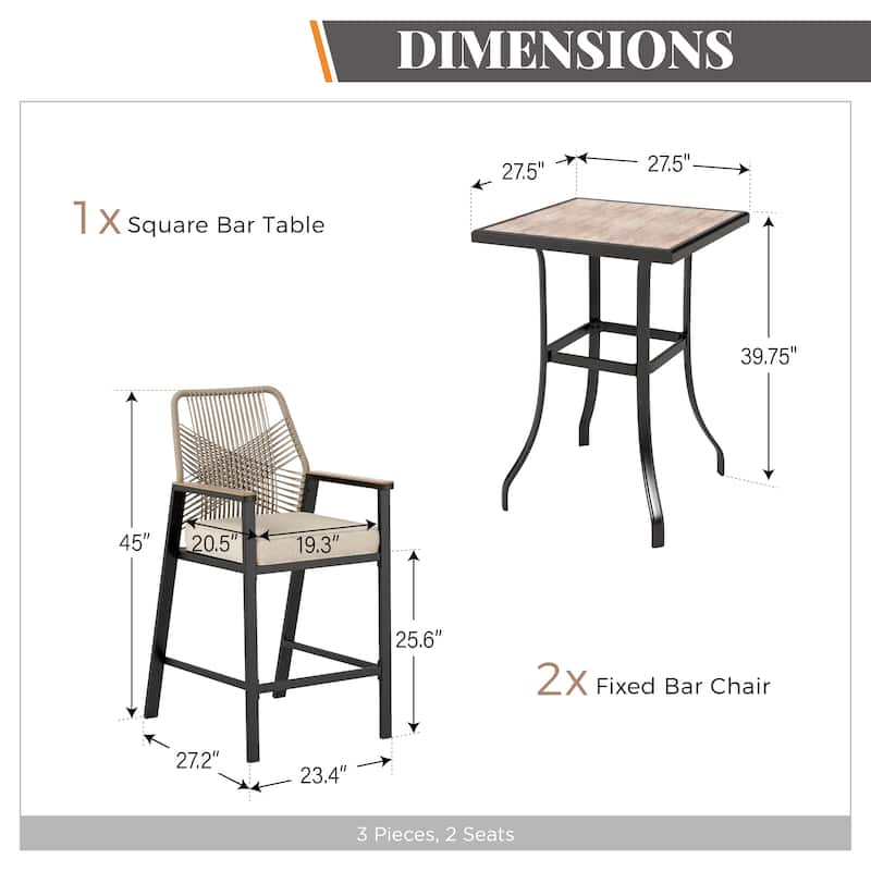 Outdoor Patio 3-piece Bar Counter Height Stool Bistro Set with Table